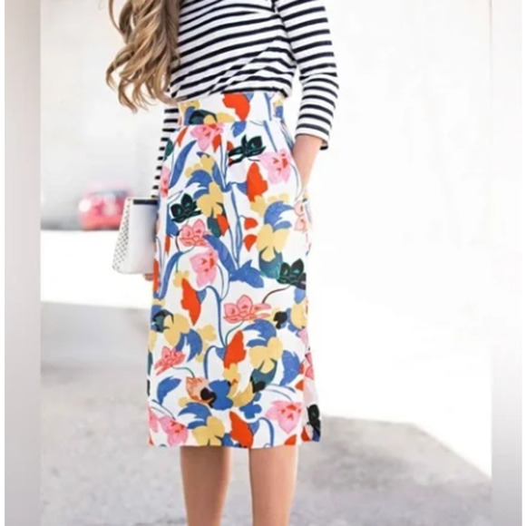J Crew Sz 2 Morning Floral Pintucked Midi Skirt Abstract Colorful A Line Pencil - Picture 2 of 11